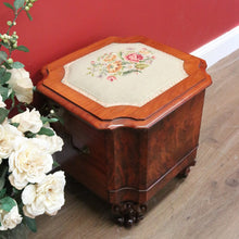Load image into Gallery viewer, x SOLD Antique English Sewing Box, Walnut, Burr Walnut Knitting Cabinet, Footstool Seat B11001
