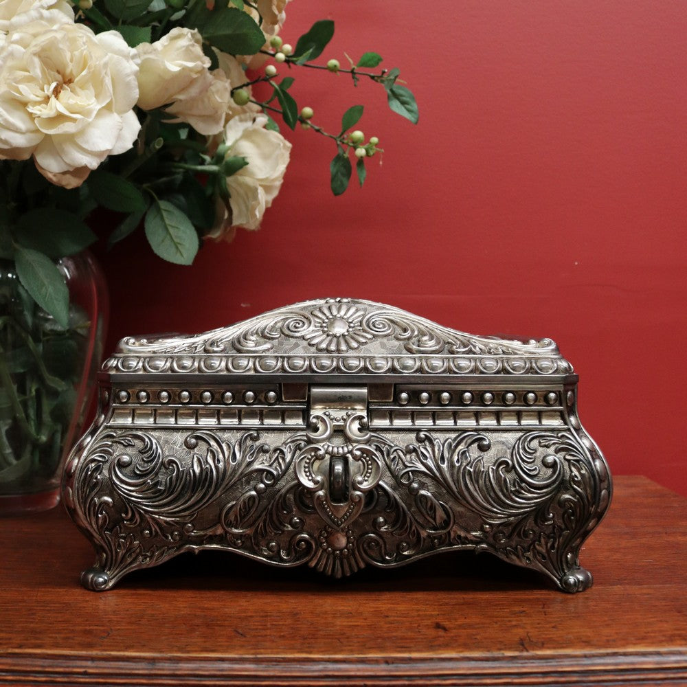 x SOLD Vintage Pewter Jewellery Box, Navy Velvet Lining and Two Dividers, Scroll Work B11227