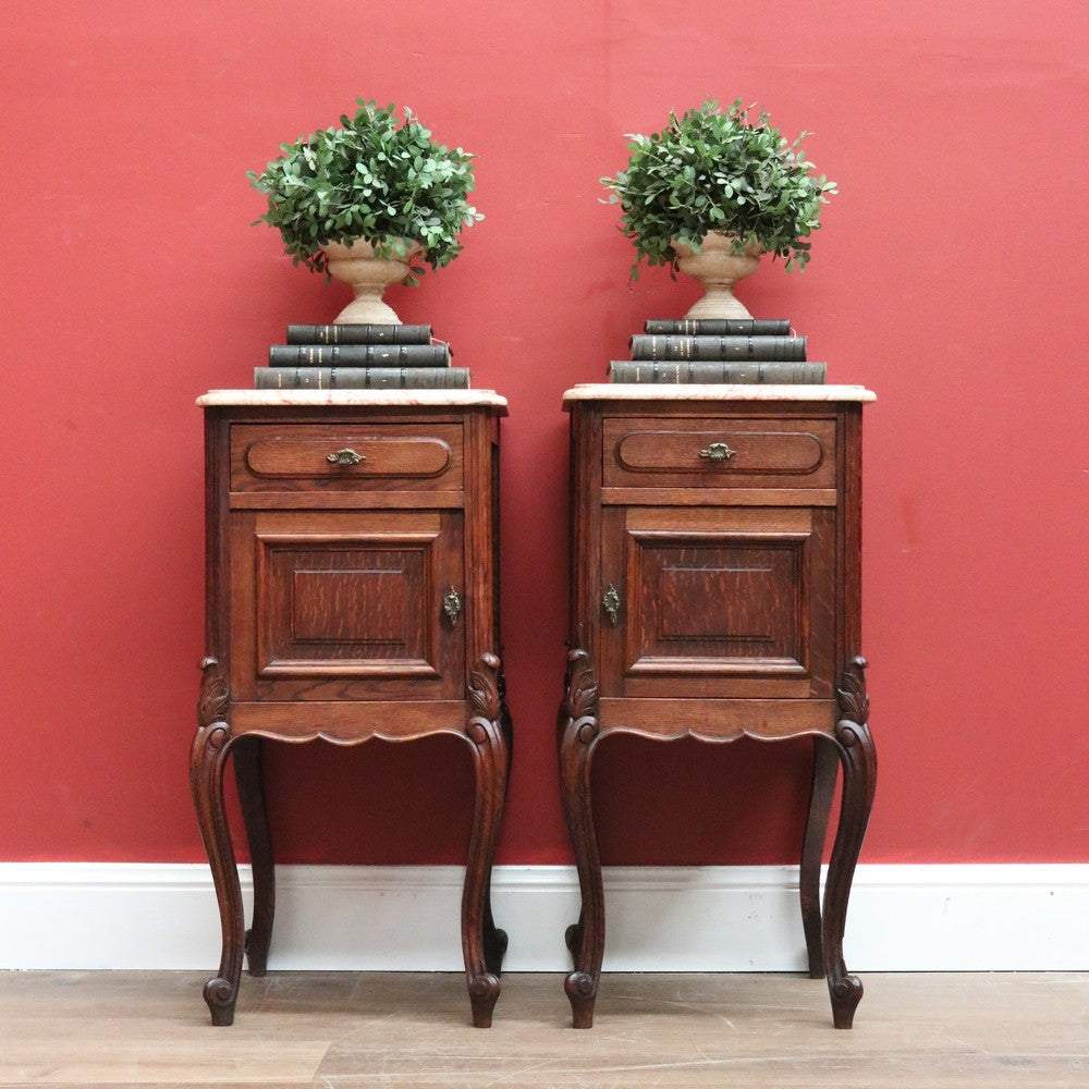 Pair of Antique French Oak and Marble Top Bedside Tables Brass Handle Lamp Table B11027