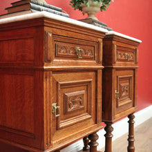 Load image into Gallery viewer, x SOLD Antique French Bedside Tables, Oak and Marble Lamp Table, Lamp Bedside Cabinets B11130
