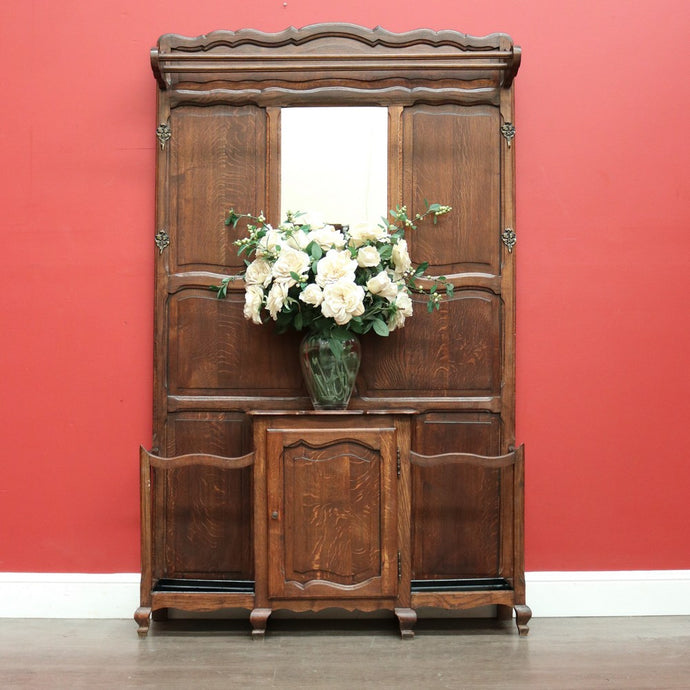 Antique French Oak Hall Stand, Mirror Back Hall Tree Coat Rack. Umbrella Stand
