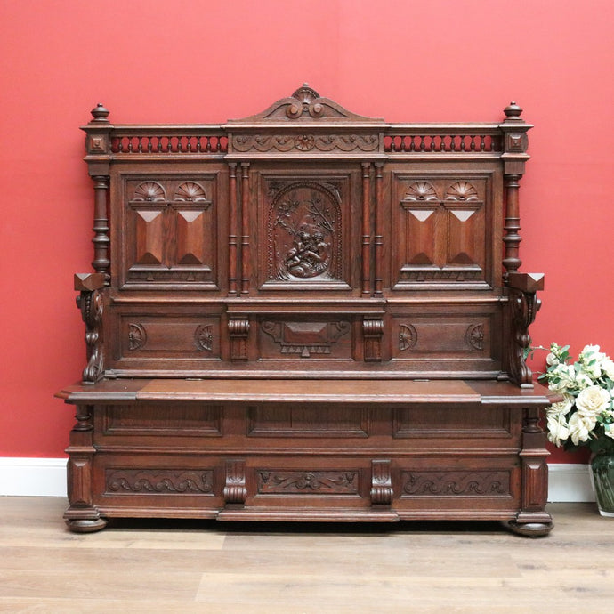 Antique French Hall Seat, French Gothic Carved Blanket Box Bench Seat Hall Chair B10154