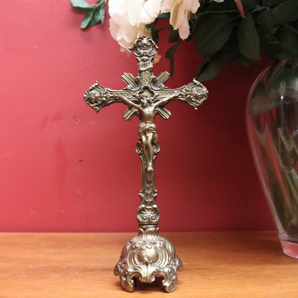 Vintage French Crucifix, French Brass Free Standing Altar Crucifix, Cross, Jesus B10898