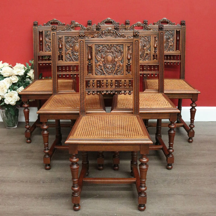 Antique French Walnut and Cane Dining Chairs, Carved back Kitchen Chairs B10520