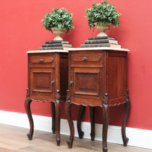 Load image into Gallery viewer, x SOLD Pair of Antique French Oak and Marble Top Bedside Tables Brass Handle Lamp Table B11027
