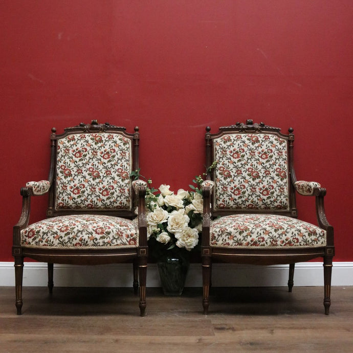 Pair of Antique French Chairs, Armchairs, Walnut Gilt Frame Rust Amber Flowers B11187