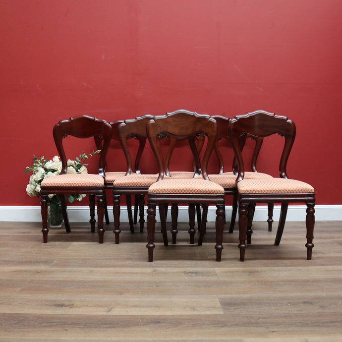 Set of Eight Antique Dining Chairs, Kitchen Chairs, English Mahogany and Fabric.