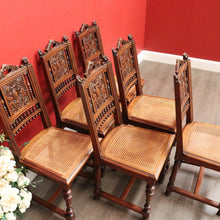 Load image into Gallery viewer, x SOLD Antique French Walnut and Cane Dining Chairs, Carved back Kitchen Chairs B10520
