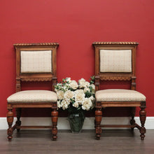 Load image into Gallery viewer, Pair of Chairs, Church Hall Chairs, Antique French Walnut and Fabric Chairs
