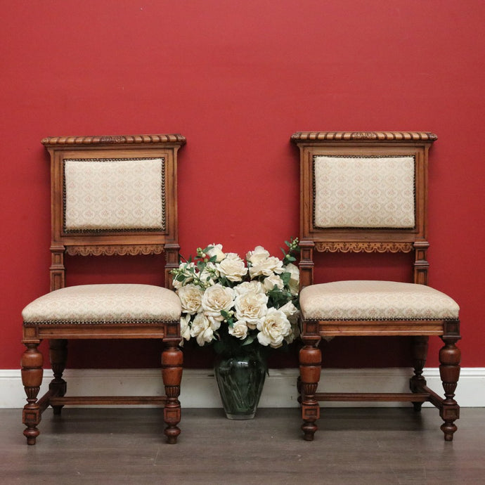 Pair of Chairs, Church Hall Chairs, Antique French Walnut and Fabric Chairs