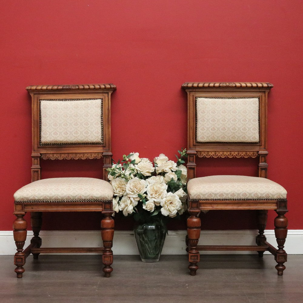 Pair of Chairs, Church Hall Chairs, Antique French Walnut and Fabric Chairs