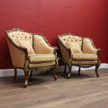 Load image into Gallery viewer, x SOLD Pair of Vintage Italian Armchairs, Button Back Walnut and Fabric Chairs, Cushion B11049
