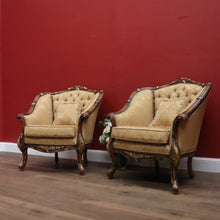 Load image into Gallery viewer, x SOLD Pair of Vintage Italian Armchairs, Button Back Walnut and Fabric Chairs, Cushion B11049
