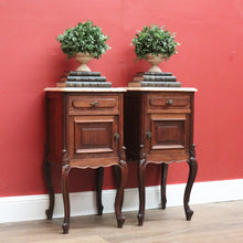 Load image into Gallery viewer, x SOLD Pair of Antique French Oak and Marble Top Bedside Tables Brass Handle Lamp Table B11027
