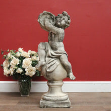 Load image into Gallery viewer, x SOLD French Cast Concrete Musical Putti Garden Ornament, Seated on a Sphere Plinth. B11284

