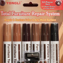 Load image into Gallery viewer, Currently out of stock. Antique Furniture Repair Kit 12 Piece Set &amp; Sharpener - 6 Colour Markers / 6 Colour Filler Sticks
