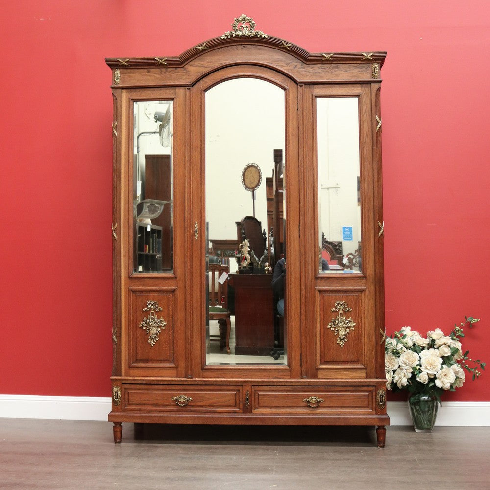 x SOLD Antique French Oak & Mirror Door Wardrobe Armoire with Bevelled Mirrors, Gilt Brass mounts with drawers. B10531