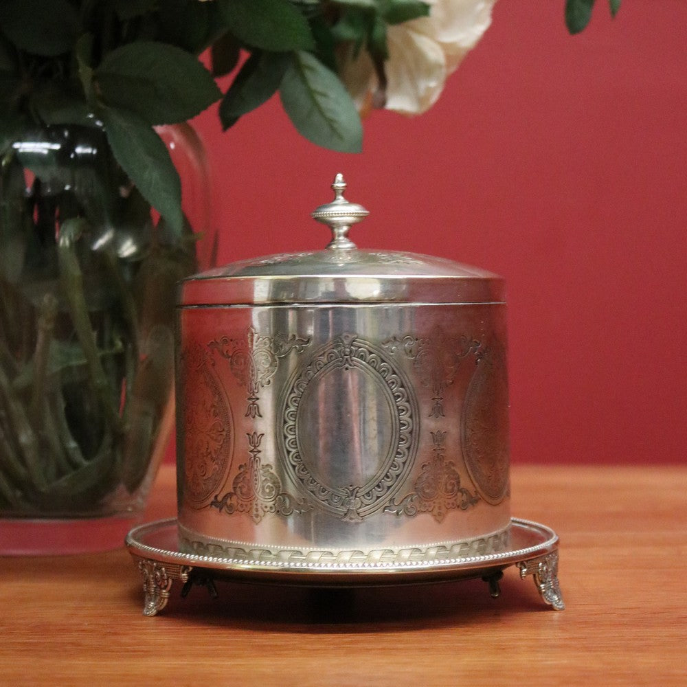 x SOLD Antique Silver Plate Biscuit Barrel Lift Lid Embossed Body Antique Lidded Vessel. B11244
