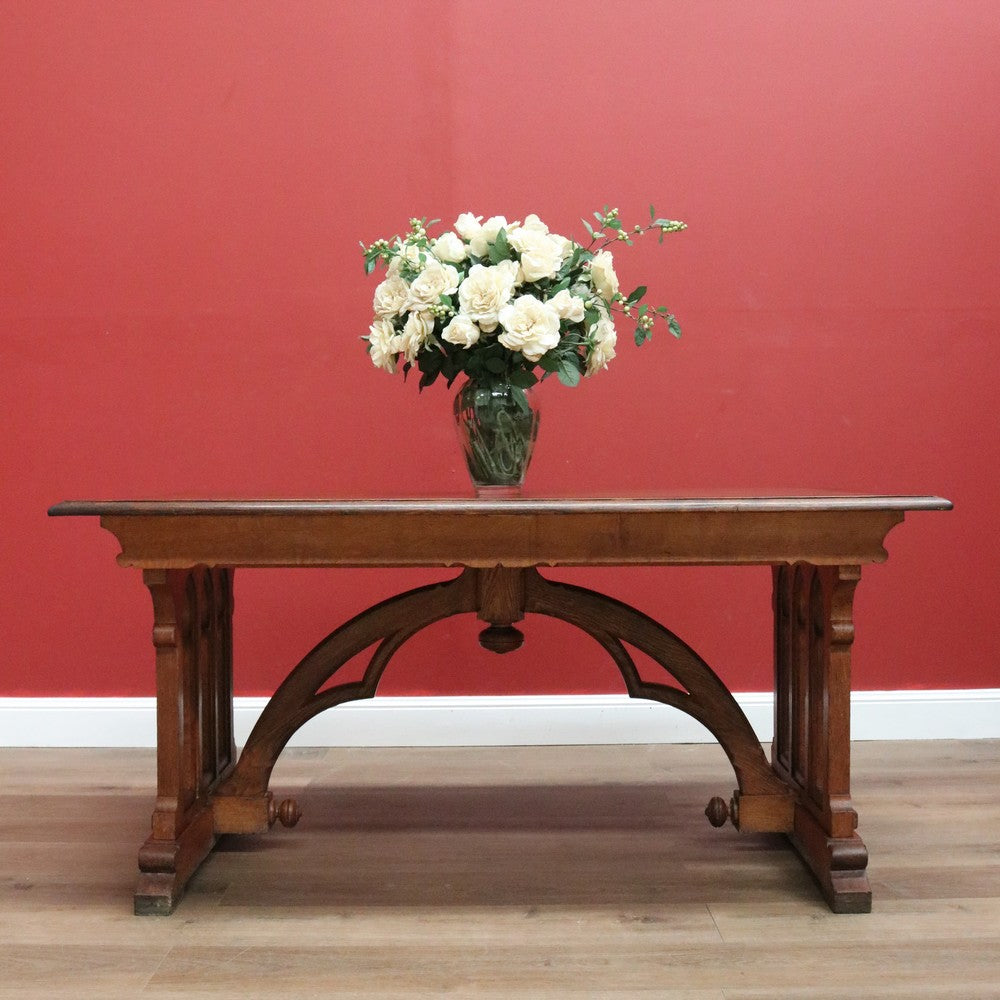 Antique French Dining Table or Office Desk with Church Window Pedestal Stretcher B10773