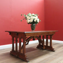 Load image into Gallery viewer, x SOLD Antique French Dining Table or Office Desk with Church Window Pedestal Stretcher B11505
