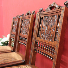 Load image into Gallery viewer, x SOLD Antique French Walnut and Cane Dining Chairs, Carved back Kitchen Chairs B10520
