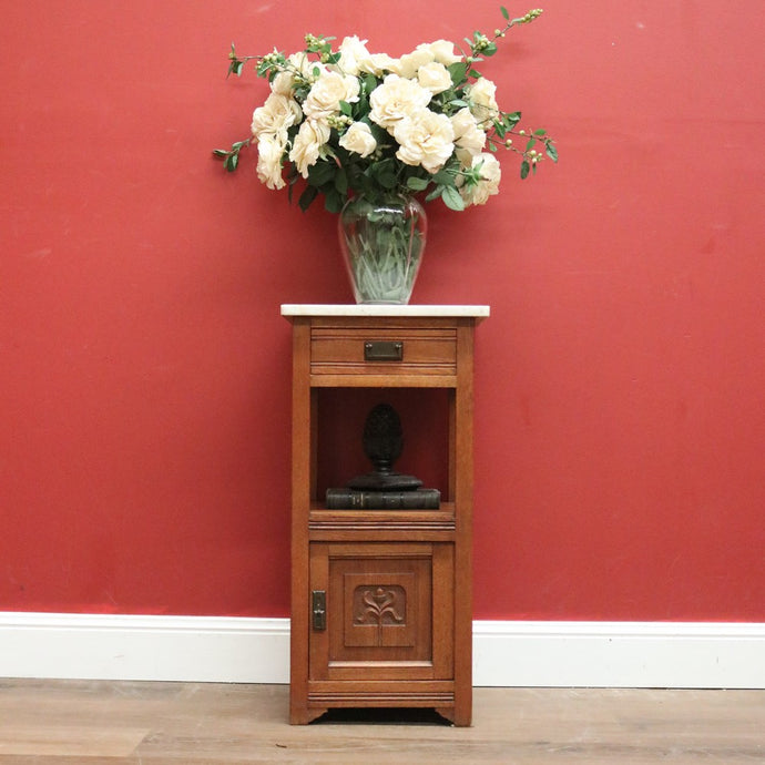 Antique French Bedside Table, Lamp or Side Table, Marble Top and Brass Handles B10915