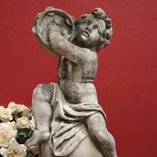 Load image into Gallery viewer, x SOLD French Cast Concrete Musical Putti Garden Ornament, Seated on a Sphere Plinth. B11284
