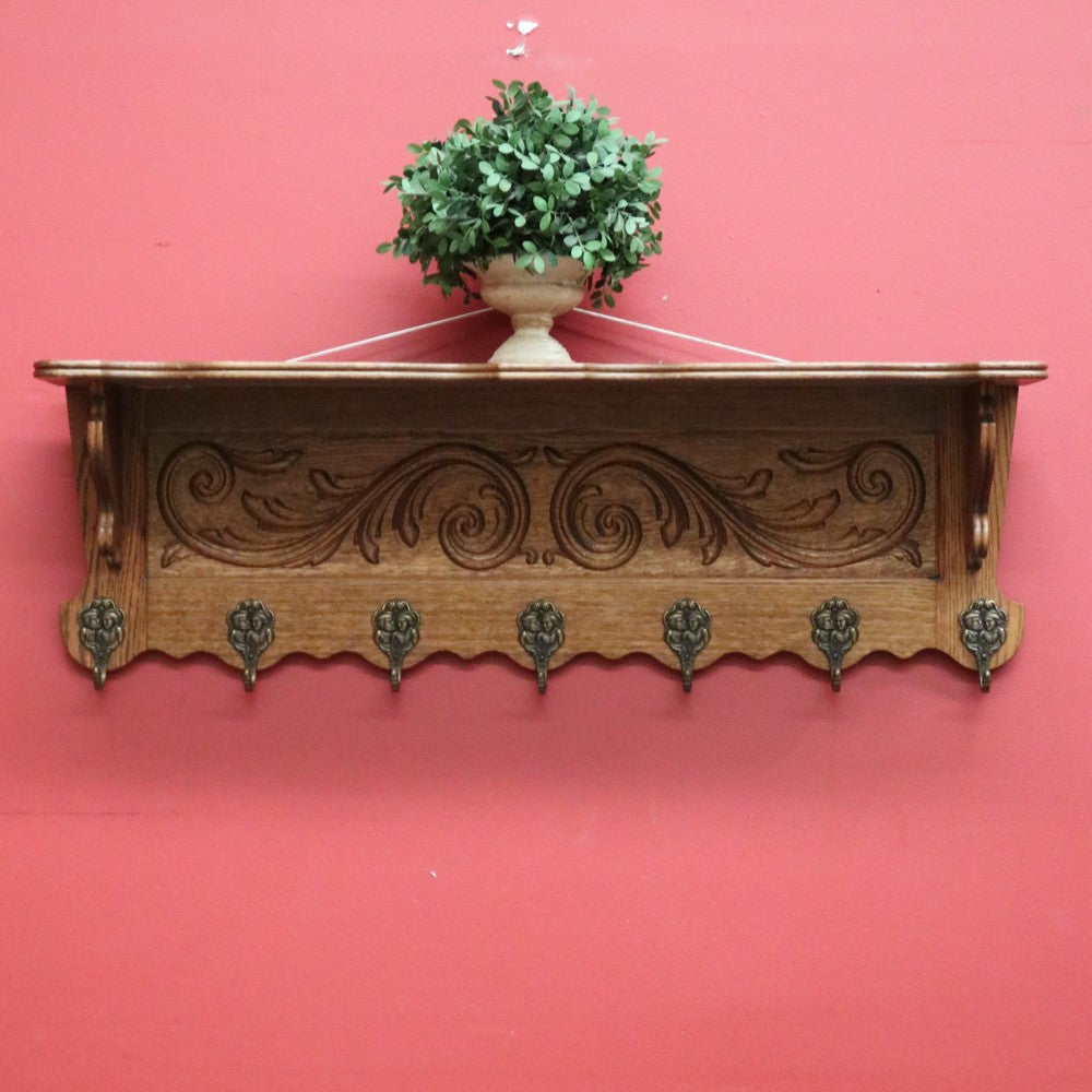 x SOLD Vintage French Oak and Brass Hook Coat Rack, Hat Scarf Rack wit ...