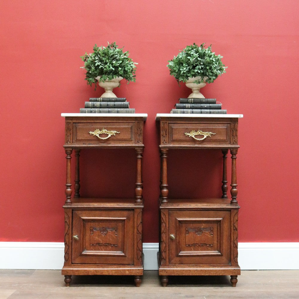 Pair of Bedside Tables Cabinets, Lamp Side Tables Antique French Oak and Marble. B10557