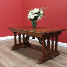Load image into Gallery viewer, x SOLD Antique French Dining Table or Office Desk with Church Window Pedestal Stretcher B11505
