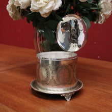 Load image into Gallery viewer, x SOLD Antique Silver Plate Biscuit Barrel Lift Lid Embossed Body Antique Lidded Vessel. B11244
