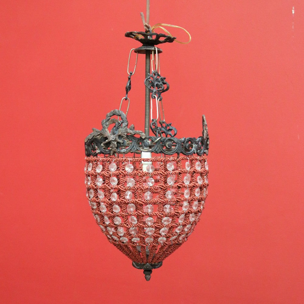 Vintage French Chandelier of Basket Form, Brass, Glass and Beads Light Shade