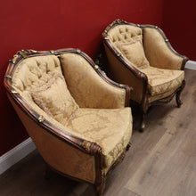 Load image into Gallery viewer, x SOLD Pair of Vintage Italian Armchairs, Button Back Walnut and Fabric Chairs, Cushion B11049

