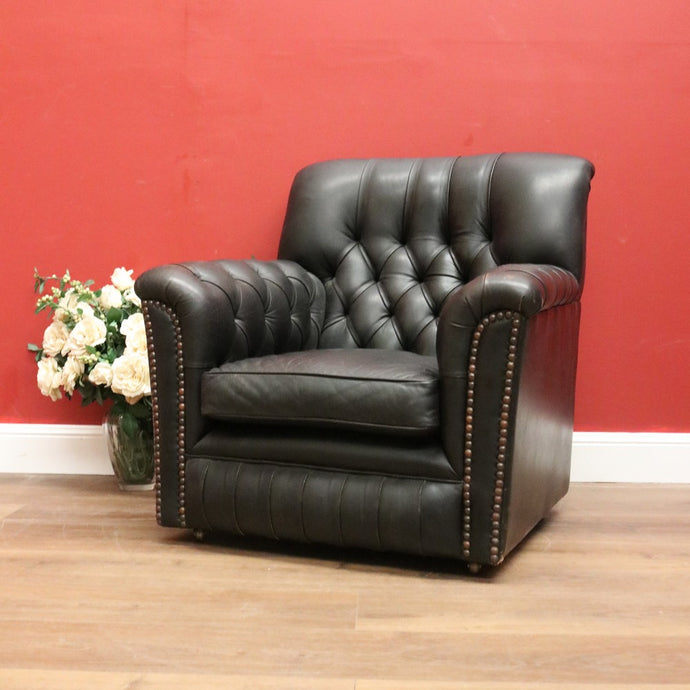Vintage Button Back Armchair Arm Chair, Black Leather Button Back and Arms Chair B11007