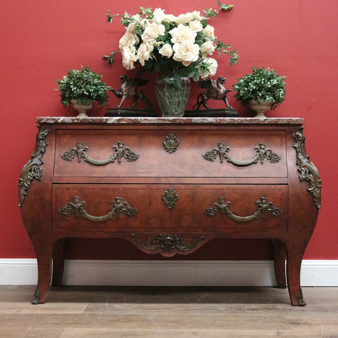 Antique French Chest of Drawers, Marble Top Hall Cupboard, Burr Walnut Chest B11073
