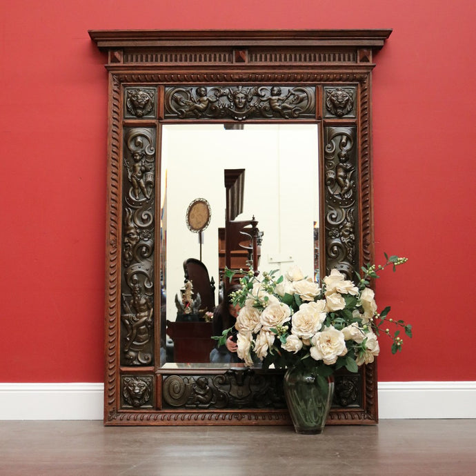 Antique Oak and Pressed Brass Wall Mirror, Antique French Cupid Bevelled Mirror
