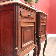Load image into Gallery viewer, x SOLD Pair of Antique French Oak and Marble Top Bedside Tables Brass Handle Lamp Table B11027
