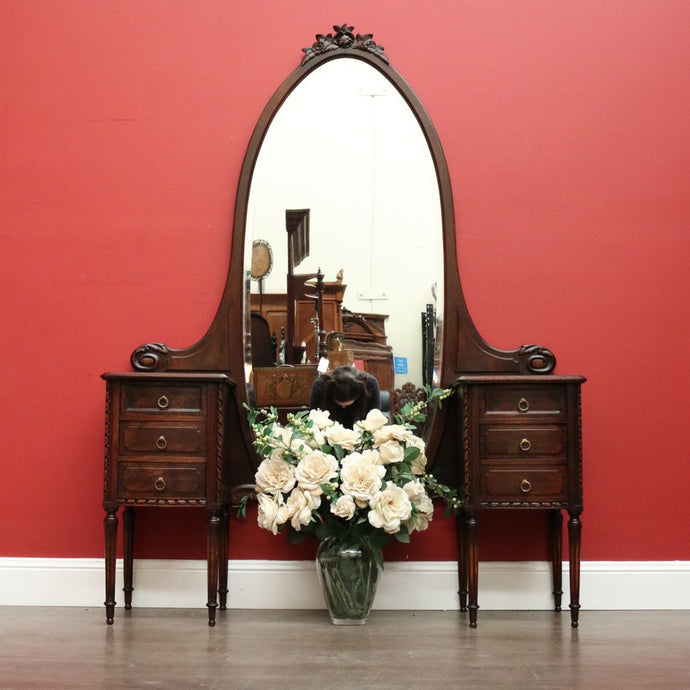 Antique French Dressing Table, Twin Pedestal Walnut and Bevelled Mirror Dresser. 10326