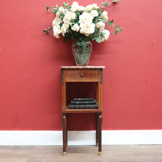 Antique French Lamp Table, French Bedside Table.  Marble, Walnut and Gilt Brass B11076