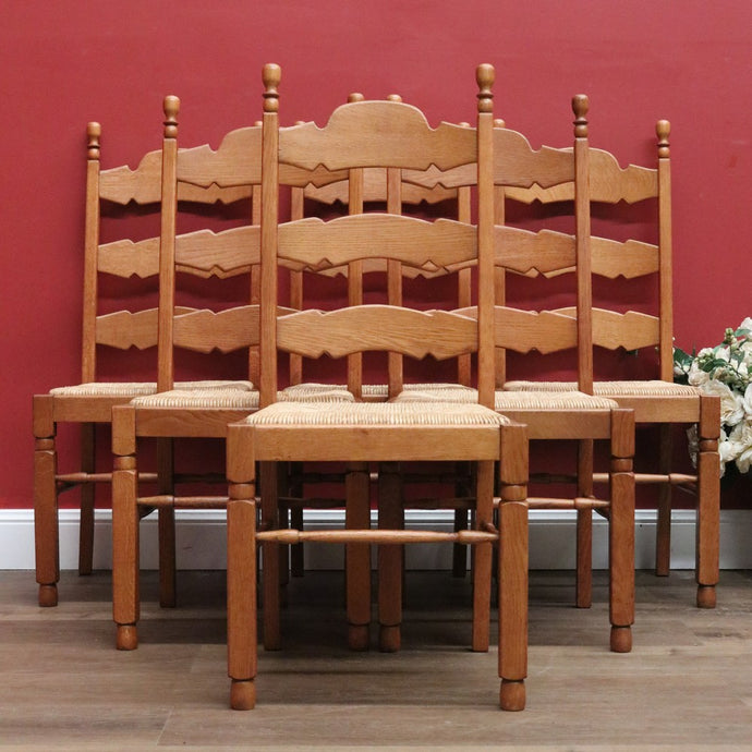 Set of Six Antique French Dining Chairs, Antique Oak and Rush Seat Kitchen Chair B10815