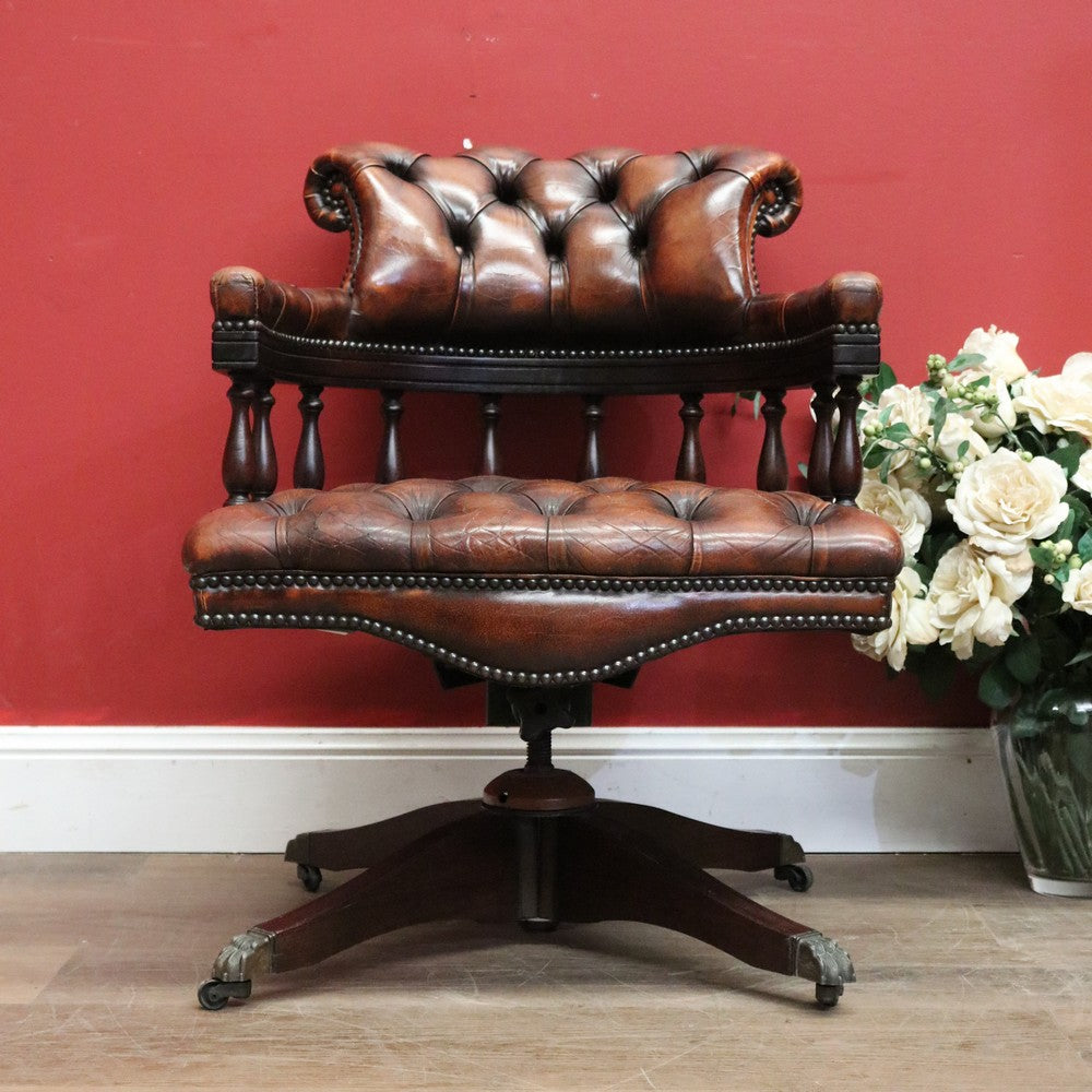 x SOLD Vintage Leather and Mahogany Office Chair, Button Back, Seat and Armrest Chair. B11293