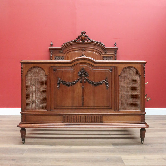 Antique French Walnut and Cane Insert Double Bed.  Antique French Bed with Slats B10844`