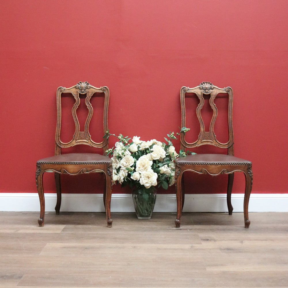 Pair of Antique French Hall Chairs, Leather, Oak and Brass Stud Office Chairs B10429