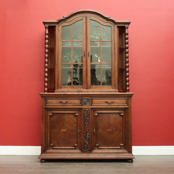 Antique French Oak China Cabinet, 2 Height Bookcase with Turned Columns Buffet
