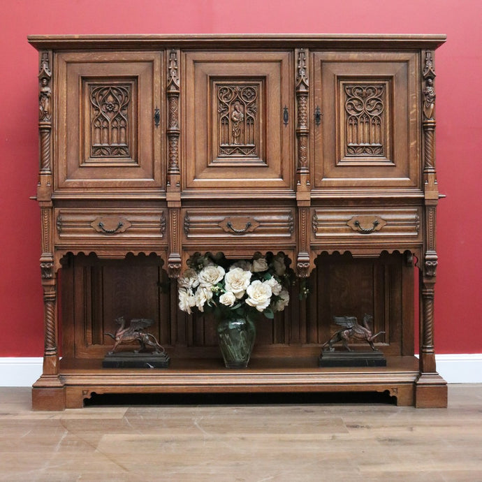 Antique Belgium Gothic Sideboard, Sacrament Cabinet, 3 Door Drawer Church Chest B10862