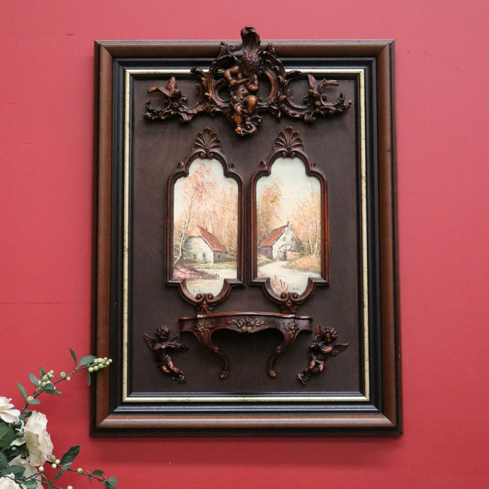Vintage Statue Holder, Wall Hanging Worship Stand Cupids, Hand Painted Scenes