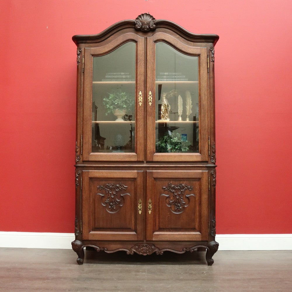 Vintage China Cabinet, French Bookcase, Oak 4 Door Display Cabinet Chest