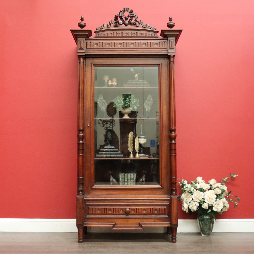 Antique French Bookcase China Cabinet, Antique Walnut Glass Door Hall Cupboard