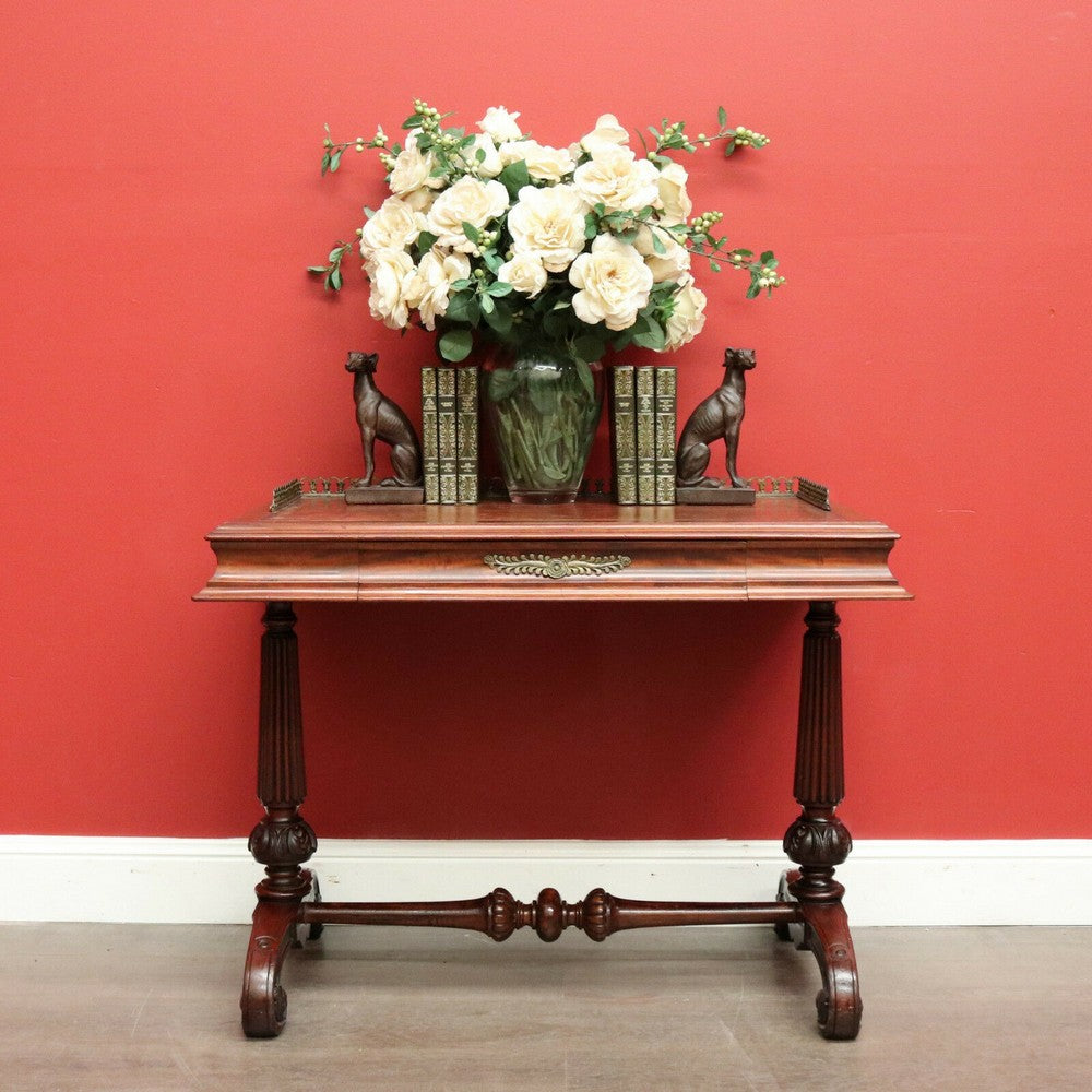 x SOLD Antique English Walnut, Leather and Brass Gallery Single Drawer Hall Table Desk Lamp Table. B8278