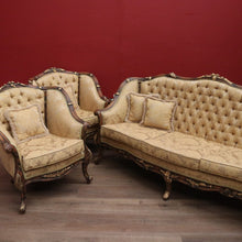 Load image into Gallery viewer, x SOLD Pair of Vintage Italian Armchairs, Button Back Walnut and Fabric Chairs, Cushion B11049
